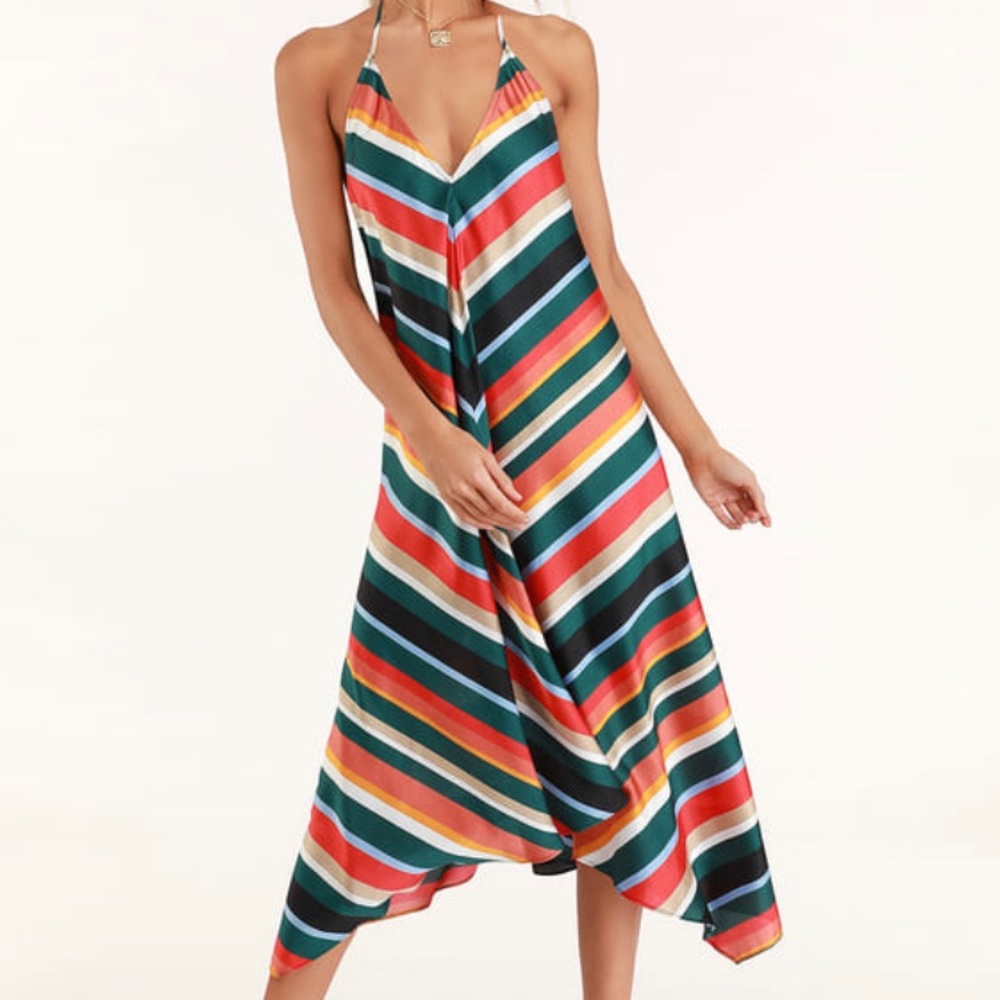 Lulu’s Malia Emerald Green MultiStriped Midi Dress